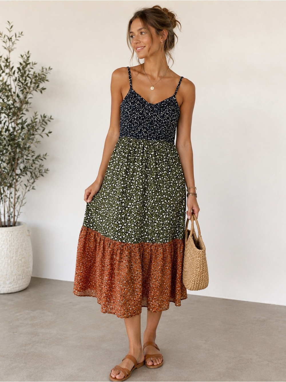Bog Collective Colorblock Floral Tiered Dress | Cottagecore Boho | Size Medium